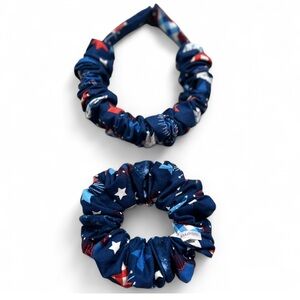 Patriotic Blue Pattern Hair Scrunchies and Headbands Accessory Set. Handmade